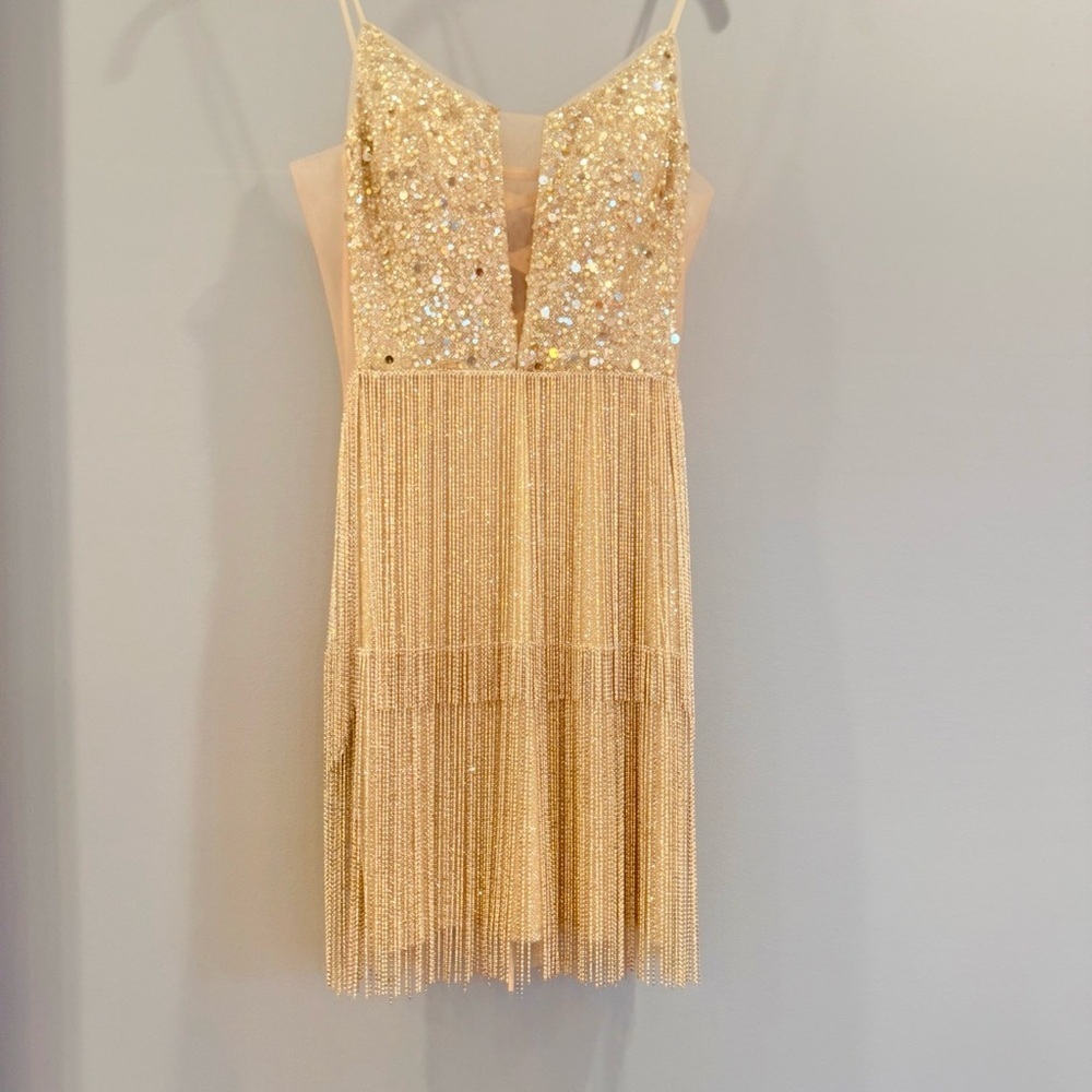 Jovani Gold Sequin Fringe Mini Tassle Dress with V-Neck *UNICORN* - Picture 16 of 17